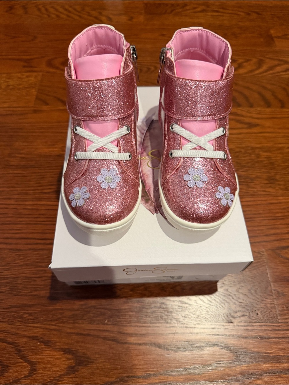 Jessica Simpson Pink Glitter High-Top Kids Sneakers with Floral Accents
